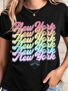 New York Knicks Rainbow Stack Logo Women's Black T-Shirt Fashion Sportswear Graphic Tee Shirt - 黑色 - 查看 1