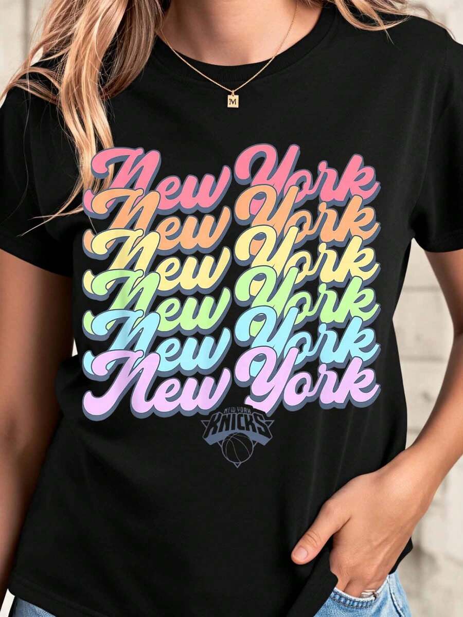 New York Knicks Rainbow Stack Logo Women's Black T-Shirt Fashion Sportswear Graphic Tee Shirt - 黑色 - 查看 1