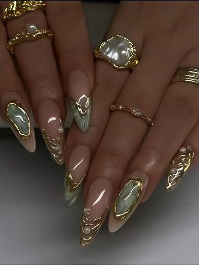 24pcs Minimalist Green Gemstone & Pearl Dopamine Color Series, Gold-Plated Scratch Line Medium Almond Fake Nails With Jelly Gel And File, Reusable Press-On Nails