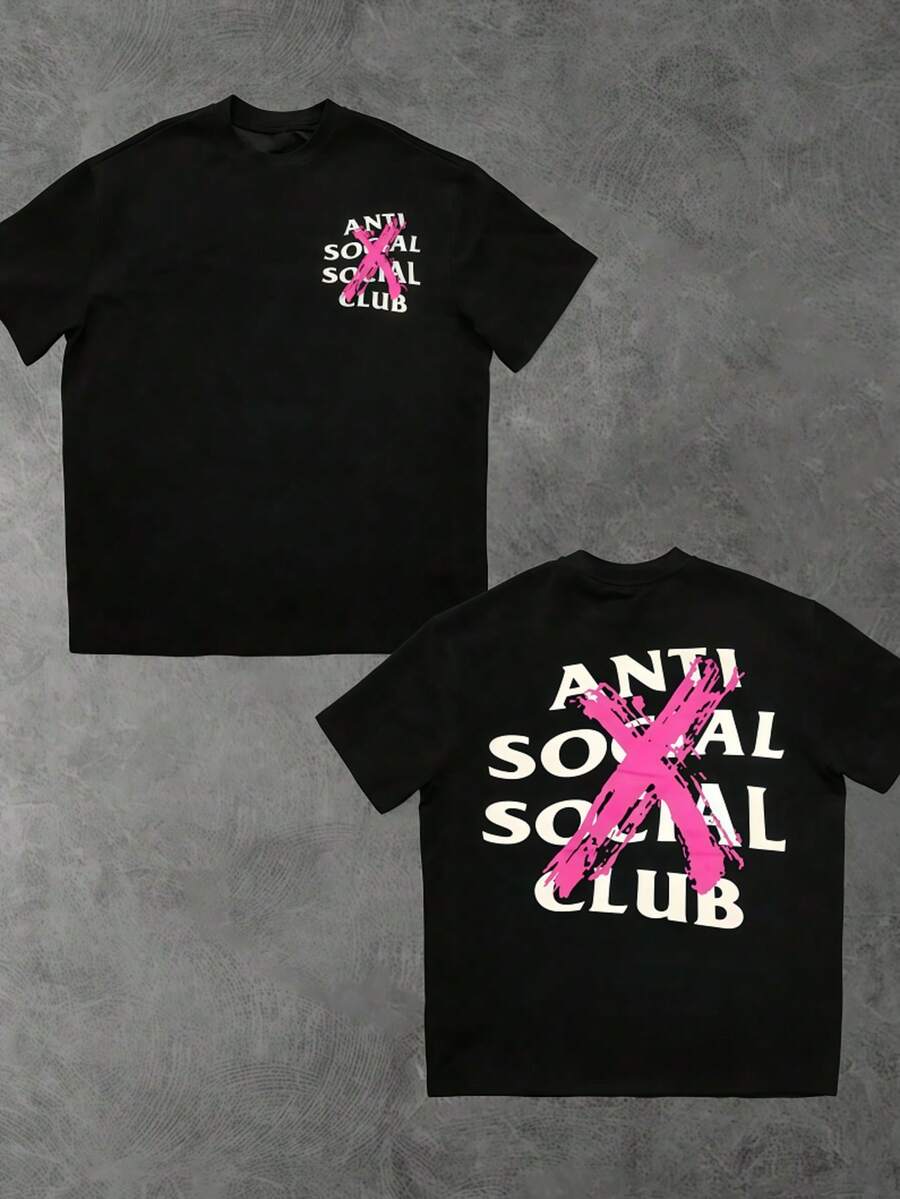 Anti Social Club Pink X Printed Men's T-Shirt - New Summer Street Fashion Casual Top - màu đen - Xem 1