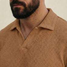 Textured Italian Polo Shirt Without Buttons, Slim Sleeves. - 駝色 - 查看 3