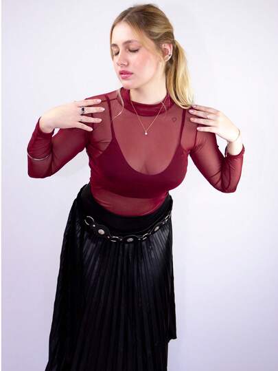 Blusa De Tule Transparente Feminina Manga Longa Segunda Pele Gola Alta Estilosa Tendencia Manga Comprida Inverno