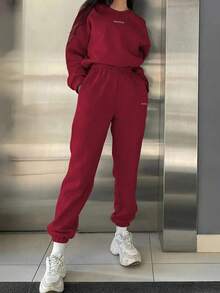 Women's Casual Letter Printed Hoodie And Sweatpants Two-Piece Set (Women's Minimalist Style Two-Piece Set), Long Sleeved Round Neck Top And Pocket Jogging Suit, Solid Color, Spring And Autumn Set, Casual Outdoor Sportswear, Multi-Functional All Age Casual Wear | Knitted Fabric | Women's Minimalist Sportswear - 紅色 - 查看 3