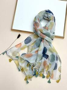 新款波西米亚印花围巾，轻盈透气流苏披肩，优雅女士防晒沙滩旅行围巾 - 薄荷綠 - 查看 2