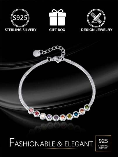 1pc S925 Sterling Silver Women's Luxury Rainbow Cubic Zirconia Bracelet, Unique Pave Colorful Diamond Snake Chain Design, Suitable For Daily Wear, Party, Date, Perfect Gift For Girlfriend Or Best Friend, Gift Box