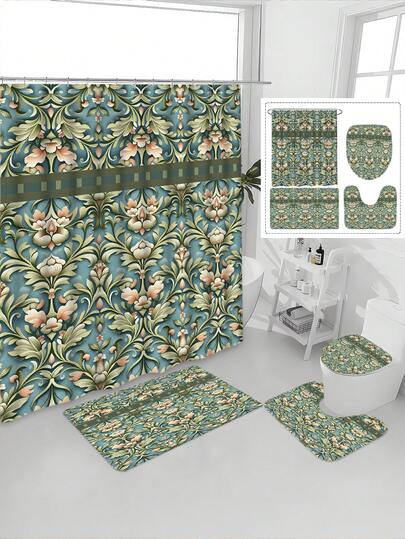4pcs Green Floral Bathroom Set, Includes Shower Curtain, Bath Mat, U-Shaped Toilet Mat, Toilet Lid Cover, Waterproof Shower Curtain, Modern Style Bathroom Divider Curtain, No Drilling Required, Polyester, Machine Washable