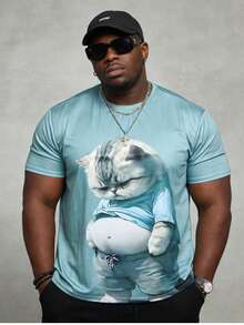 Camiseta de manga corta casual de talla grande para hombres, con estampado de gato lindo, diseño transpirable y único - Multicolor - Ver 1