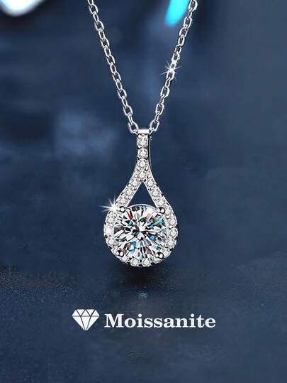 1pc Luxury 925 Sterling Silver 1 Carat 6.5mm Moissanite Pendant Necklace, Suitable For Women's Daily Wear, Wedding, Halloween, Valentine's Day, Shiny Jewelry Gift