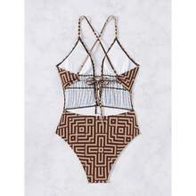 Women's Halter Swimsuit Geometric Print One Piece Swimwear; Sexy Bathing Suit With Removable Cups; Stylish Beach Pool Vacation Swimsuits For Women - 多色128 - 查看 4