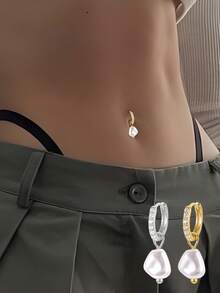 1pc S925 Sterling Silver Inlaid Pearl & Zirconia Navel Ring, Suitable For Daily Wear, Parties, Banquets And Other Occasions - Pearl - View 1