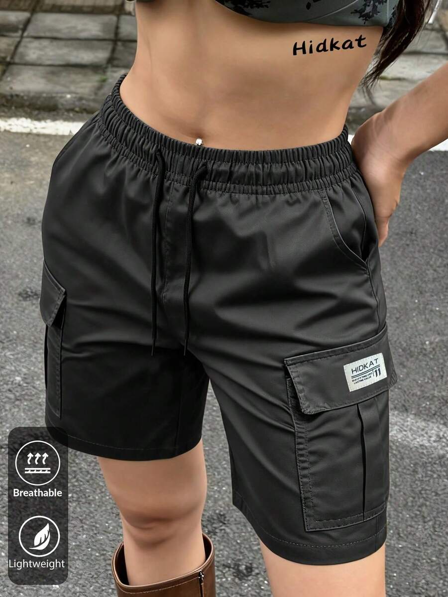 Women's Cargo Shorts With Elastic Waist & Drawstring - 黑色 - 查看 1