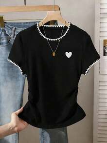 2026 Summer TopsResyla Women's Casual Door T-Shirt, Summer New Design, Blue Tones, Cute Elephant & Heart Print, Versatile For Dates, Back To School, Teacher's DayLoose And Comfortablesummer Shirts - 黑色 - 查看 11