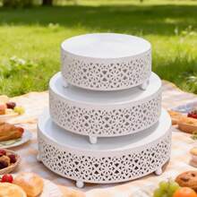 3 Pieces White/Golden Cake Stand Set, 8/10/12 Inch Round Metal Dessert Display Stand Decorative Cake Holder Cupcake Pastry Candy Display Plate For Wedding, Party, Birthday, Event - 白色 - 查看 1