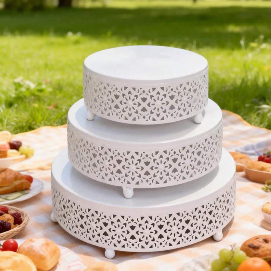 3 Pieces White/Golden Cake Stand Set, 8/10/12 Inch Round Metal Dessert Display Stand Decorative Cake Holder Cupcake Pastry Candy Display Plate For Wedding, Party, Birthday, Event - 白色 - 查看 1