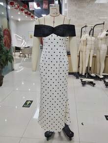 Women Polka Dot Satin Maxi Dress Off Shoulder Tie Back Long Tube Dress Elegant Silk Dresses Cocktail Evening - 白色 - 查看 5