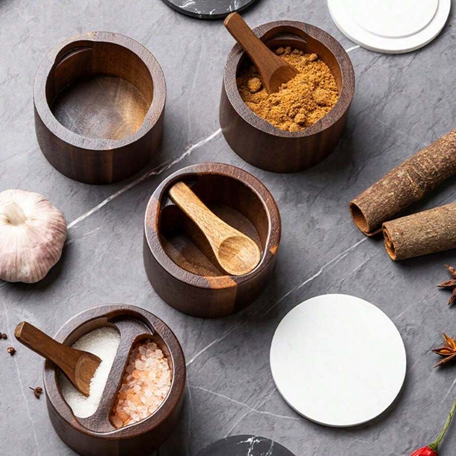 1个带勺子的木制盐罐，厨房大理石盖调味盒，防潮香料储存容器，木制盐和胡椒研磨器套装，木制盐和胡椒研磨器套装，厨房，盐和胡椒套装