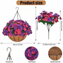 2 Sets Of Hanging Flower Baskets With Artificial Outdoor Simulation Flowers, Including 2 Hanging Flower Pots And 16 Morning Glory Flowers, Suitable For Home Decoration In Spring And Summer Porch Gardens And Terraces (2 Sets) - 紫粉色牽牛花 - 查看 3
