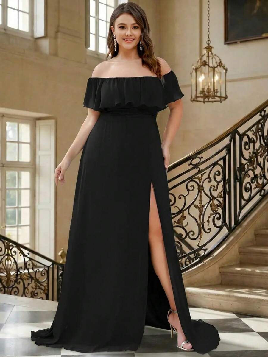 EVERPRETTY Plus Size Elegant Off-Shoulder High Slit Black Bridesmaid Dress, Spring/Summer Wedding Guest Dress - Black - View 1