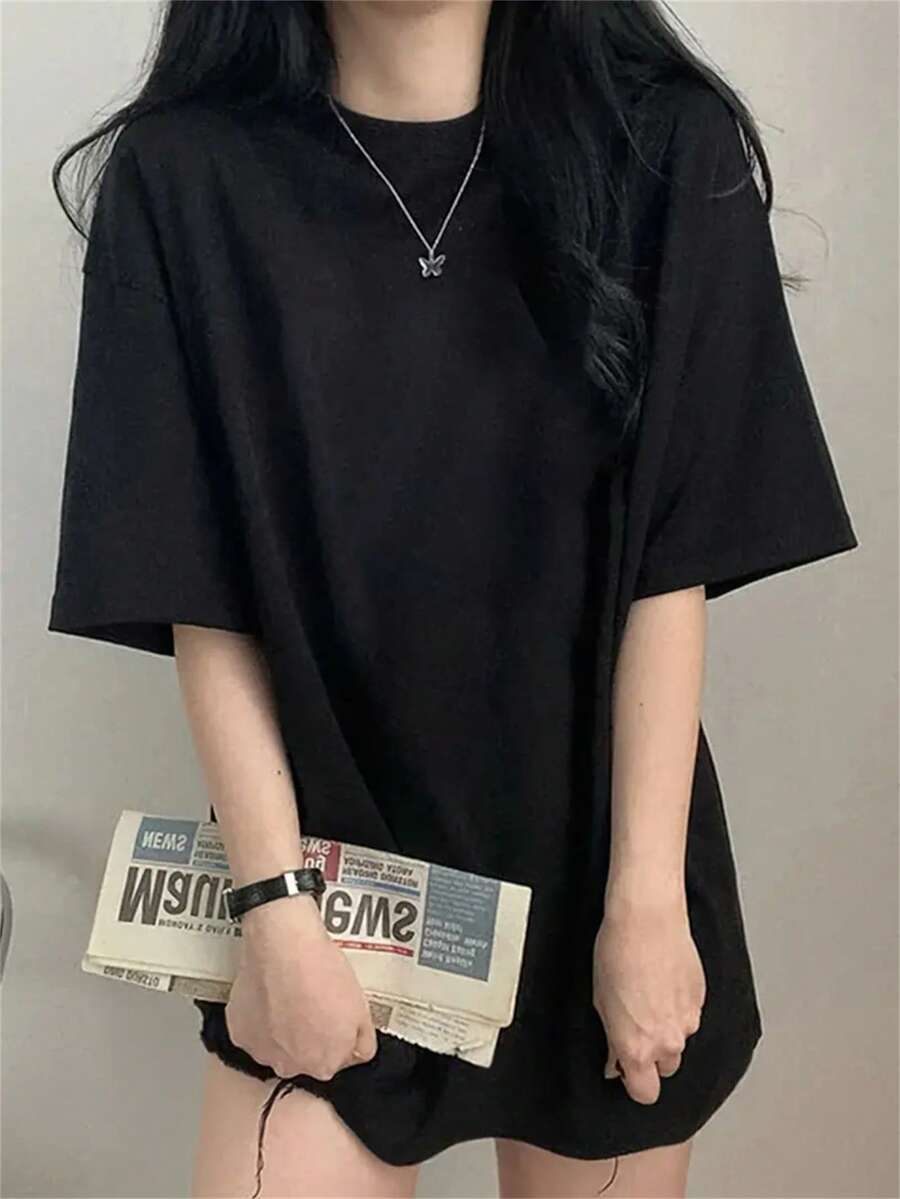 女士时尚宽松简约黑色短袖纯棉T恤，春夏款 - 黑色 - 查看 1