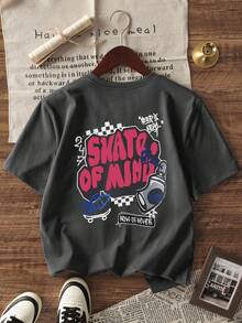 1件男童时尚街头风短袖T恤，背面涂鸦字母印花，欧美休闲夏季上衣 - 深灰色 - 查看 2