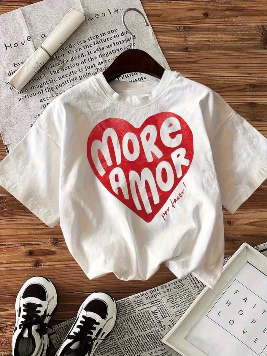 Girls Shirts 8-14 Years Y2k Style Baby Tee With More Amor Heart Letter Print Short Sleeve Round Neck Breathable Fabric Teen Girl Summer Clothes - 白色 - 查看 1