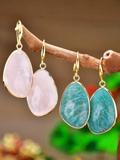 Natural Amazonite & Rose Quartz Earrings, Elegant Luxury Gold-Plated Natural Stone Jewelry