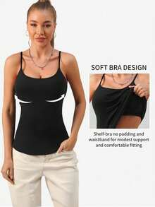 1pc Spring/Summer Adjustable Strap Cup-Less Camisole, No Bra Needed Casual Innerwear Outerwear Base Layer Backless Black Tank Top - Black - View 5