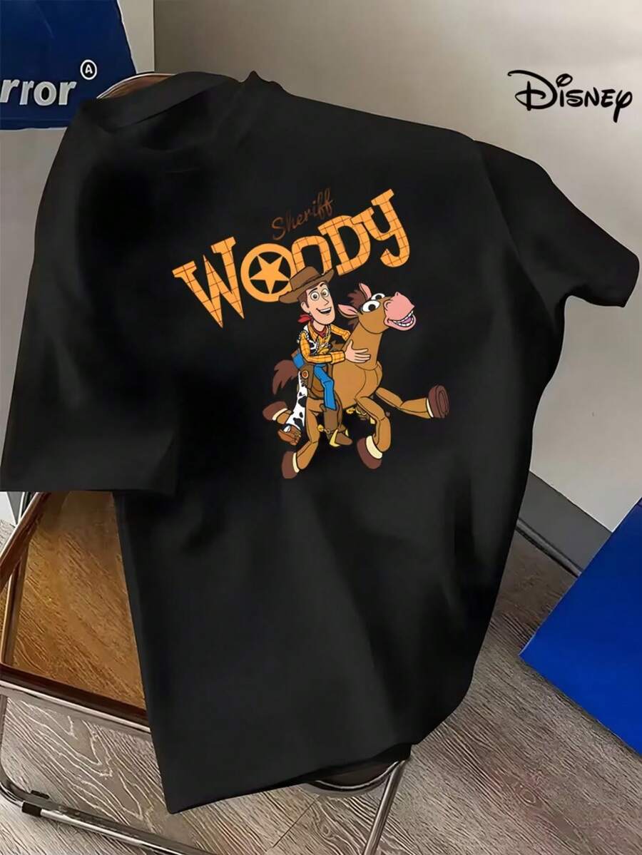 Disney Official Toy Story Sergeant Woody Men's Short-Sleeved T-Shirt-Conventional Tailored Casual Summer T-Shirt, Machine Washable, Casual Wear, Cartoon Character Printing, Durable Fabrics, Casual Wear, Patterned T-Shirt, Breathable Material, Short-Sleeved T-Shirt, Adult Men. - Black - View 1