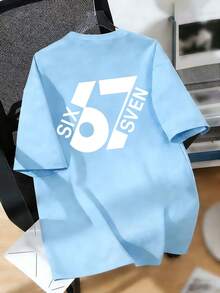 青少年男孩“67”趣味数字表情包图案时尚短袖T恤，适合日常穿着、上学和街头穿着。 - 淺藍色 - 查看 3