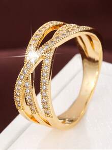 1pc Soft Line Geometric Criss-Cross Design Cubic Zirconia Inlaid Fashion Ring For Women - Multicolor - View 7