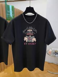 黑色卡通鸭子字母印花短袖T恤，美式个性上衣，INS时尚休闲夏季款 - 黑色 - 查看 2