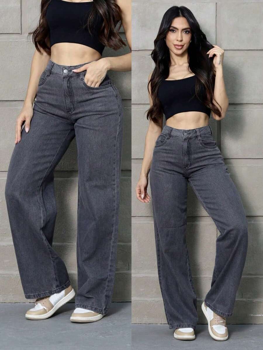 Women's Wide Leg Jeans, High Waist, High Waistband, Enhances Buttocks, Sizes 36 To 46 - 灰色 - 查看 1