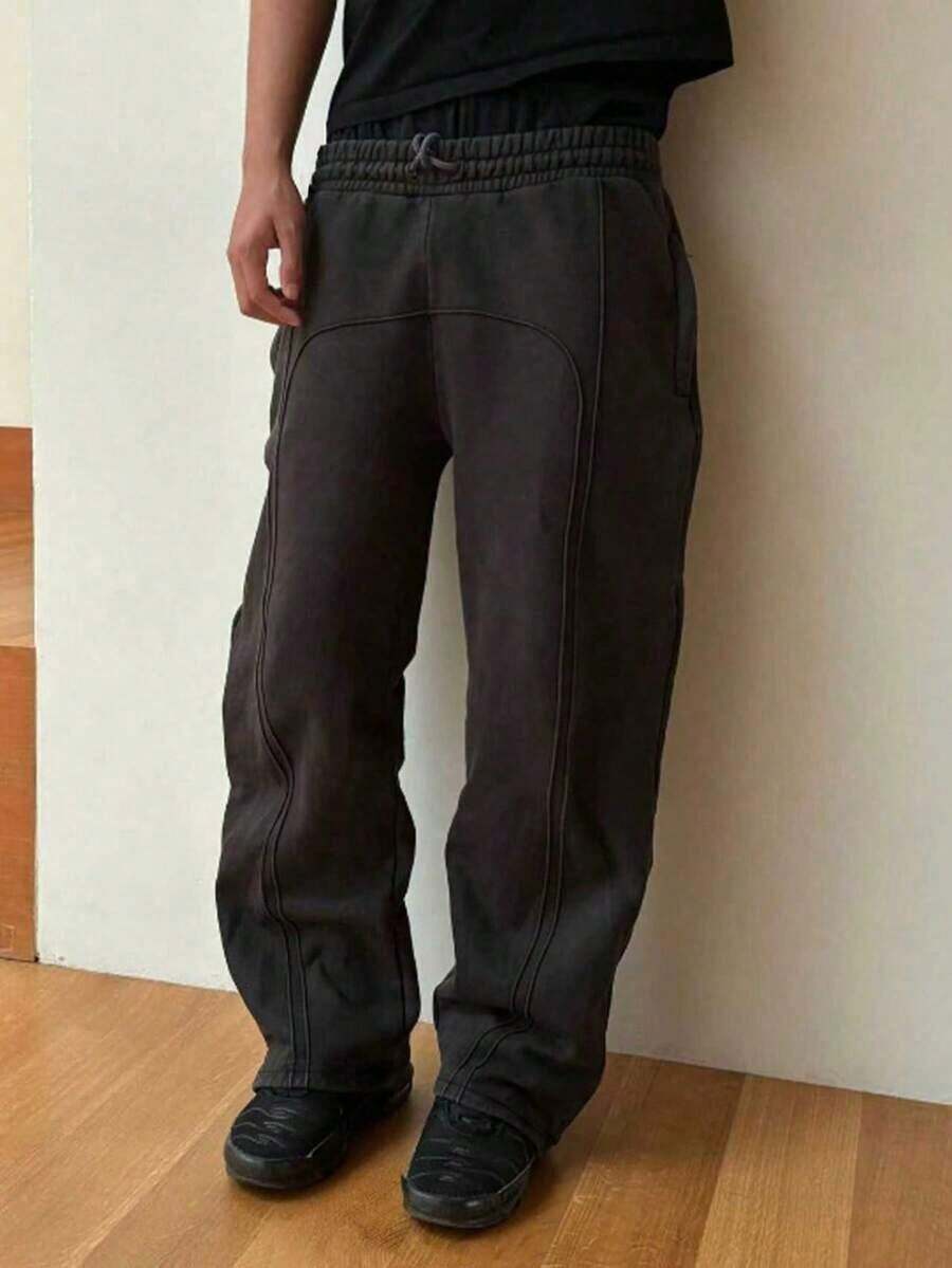 Men's Casual Solid Color Drawstring Waist Sports Wide Leg Pants, All Seasons, Fall - 咖啡棕 - 查看 1