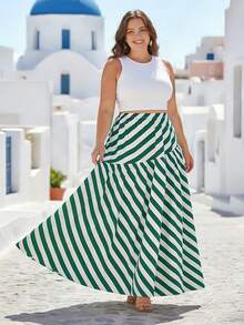 Falda larga elegante y de talla grande con rayas, falda de línea A verde y blanca para el estilo de falda de verano, tela tejida para un aspecto fluido de primavera - Verde - Ver 4