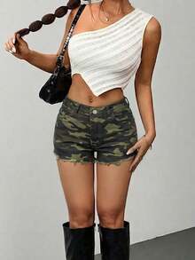 Quần short denim dáng ôm cạp thấp, họa tiết rằn ri, gấu quần rách, thích hợp cho kỳ nghỉ hè. - Màu Khaki - Xem 3