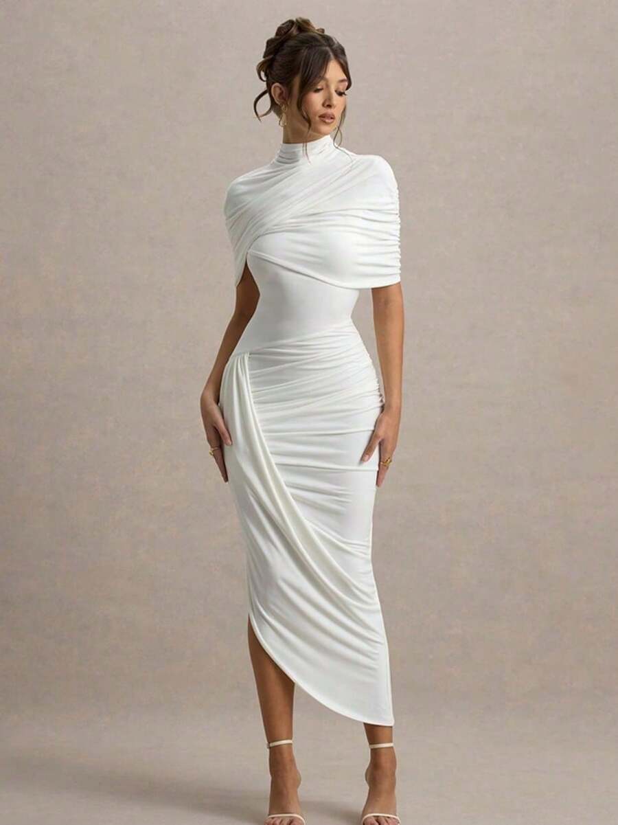 Ruched Bodycon Midi Dress Women's Backless Shawl Sleeve Elegant Party Gown - 白色 - 查看 1