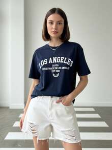 BİSİKLET YAKA BASKI DETAYLI T-SHIRT- MADE IN TURKEY - Navy Blue - View 2