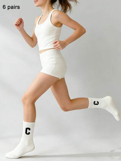 6 Pairs Unisex Letter, Stripe, Polka Dot White Socks, Casual Sports Versatile Mid-Calf Socks, Suitable For Home, Outdoor, All Seasons, For Men And Women