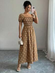 Elegant Printed Long Dress, Spring Style, Lined With Elastic, Short Puff Sleeves, Spring/Summer Fashion - Khaki - View 2