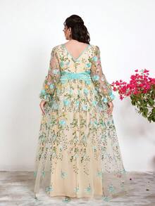 口袋款，新款，V领，刺绣，蕾丝，长灯笼袖，腰带，大摆，高端晚礼服，适合，舞会、婚礼、派对、婚礼宾客等场合，女士蓝色连衣裙 - 藍色 - 查看 5