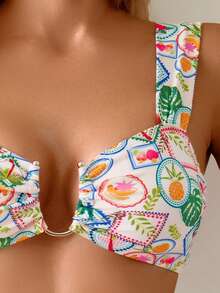 Bộ bikini hai mảnh mùa hè giản dị, thanh lịch, chất liệu vải in họa tiết, dây đeo rộng, cúp ngực mềm mại, chi tiết trang trí kim loại hình chữ U ở ngực, thích hợp cho bơi lội và nghỉ mát ở bãi biển. - Nhiều màu - Xem 4