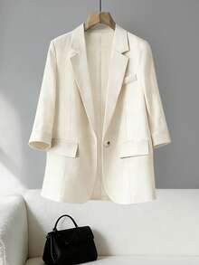 女士通勤休闲亚麻混纺单排扣七分袖西装外套和印花无袖中长连衣裙套装 - 杏色 - 查看 4