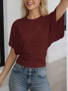 Burgundy Casual T-Shirt, Back To School Season, Women's Sports Top Summer - Burgundy - View 4