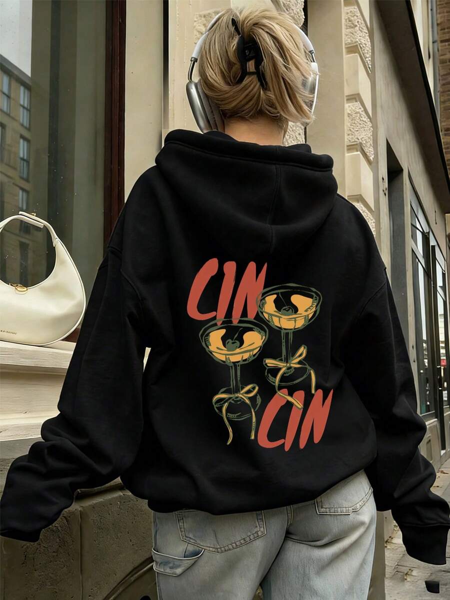 Felpa con cappuccio da donna 2026 primavera/estate, colore unito oversize e ampia, top, stile vacanza al mare, stampa grafica, casual primavera/estate, streetwear oversize, pile, Natale - nero - Visualizzare 1