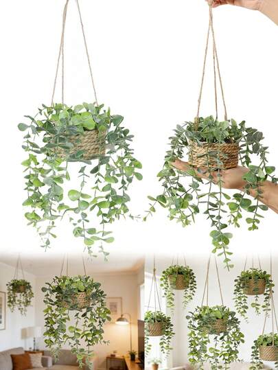 Artificial Hanging Basket Plant, Fake Vine Hanging Basket Plant, Imitation Evergreen Eucalyptus Vine, Retro Bohemian Style Artificial Eucalyptus Plant, Suitable For Home, Office, Living Room, Shelves, Bedroom, Wall, Balcony, Bathroom, Bookshelf, Indoor And Outdoor Decor