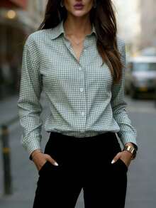 Camisa de manga larga con cuello y botones, de corte regular y tela no elástica, con estampado de cuadros, para primavera - verde menta - Ver 2