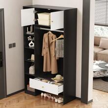 Compact Hallway Wardrobe In Black And White, Wardrobe Set With 2 Doors, 6 Compartments, Clothes Rail & Drawer, Dimensions: 105x185x40cm - Black and White - View 8