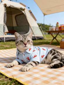 条纹龙虾印花猫咪衬衫，轻盈透气的春夏狗狗服装 - 淺藍色 - 查看 8