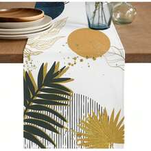 1 pieza Camino de mesa con estampado de hojas en estilo bohemio, bufanda de tocador con rayas geométricas de primavera/verano, adecuado para decoración de cocina y mesa de comedor en reuniones en el hogar, para uso en interiores y exteriores - azul y naranja - Ver 3