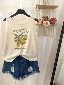 Women's Round Neck Lemon Fruit Print Semi-Transparent Spring Summer Casual Versatile Knit Vest, Loose-Fitting, Casual Style - Apricot - View 3